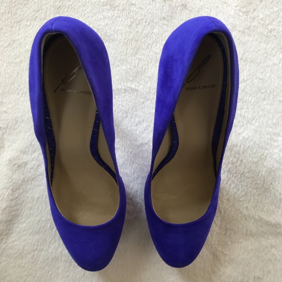 B Brian Atwood Fontanne Purple Ultra Violet Suede and Snake Print Leather Heels - Picture 11 of 13